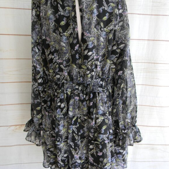 Torrid Women Dress 2 Black Floral Mini Lurex Chiffon Tiered Ruffle Scoop NWT - Picture 3 of 4